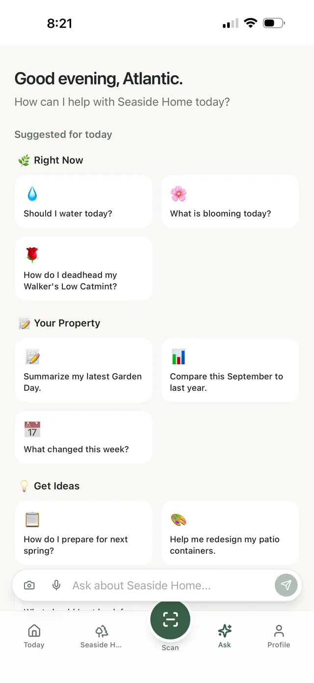 Garden Days Live Ask screen offering AI guidance using garden context