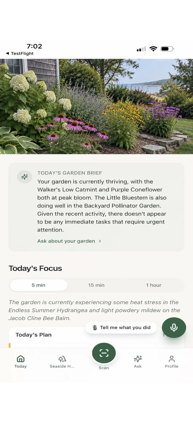 Garden Days Live Today screen with personalized garden guidance